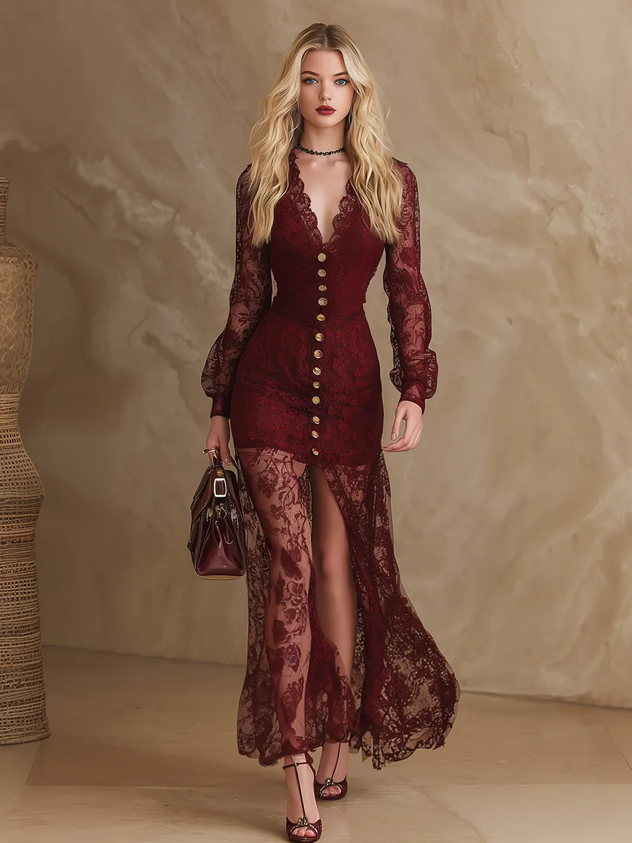Elegant Party Dress With V-neck And Slit Hem Red Lace Maxi Dress sold by Oyrosy product image thumbnail 2