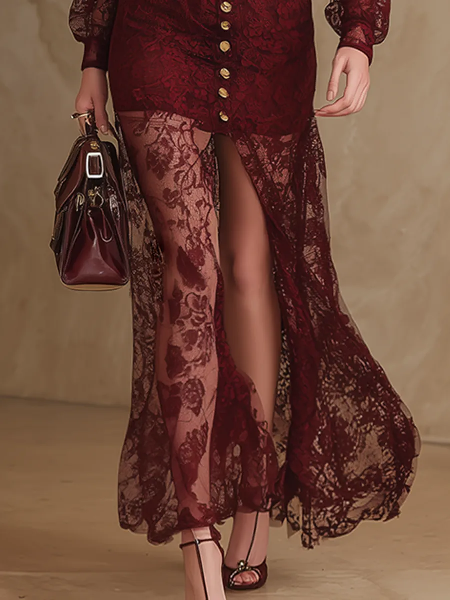 Elegant Party Dress With V-neck And Slit Hem Red Lace Maxi Dress sold by Oyrosy product image thumbnail 4