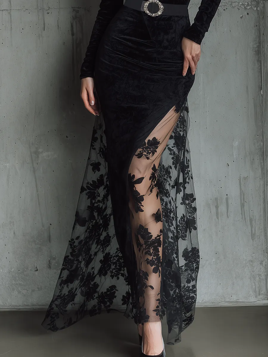 Elegant Party Black Velvet Slit Patchwork Lace Maxi Dress sold by Oyrosy product image thumbnail 4