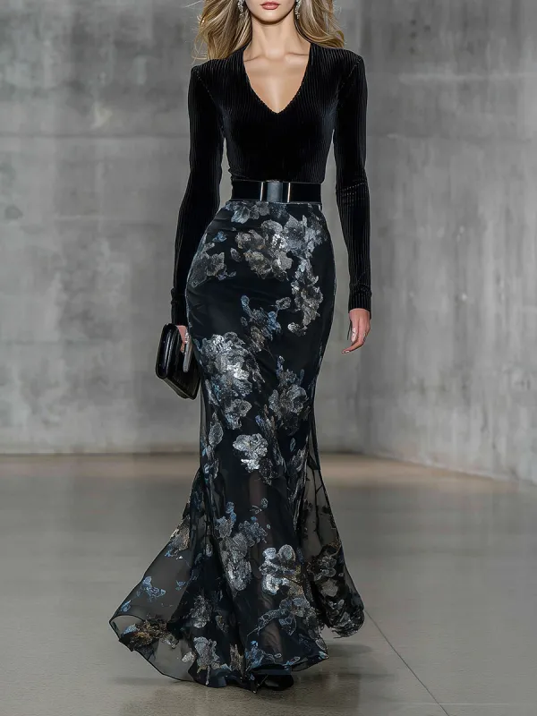 Chic V-neck Jacquard Organza Fishtail Hem Black Velvet Maxi Dress sold by Oyrosy