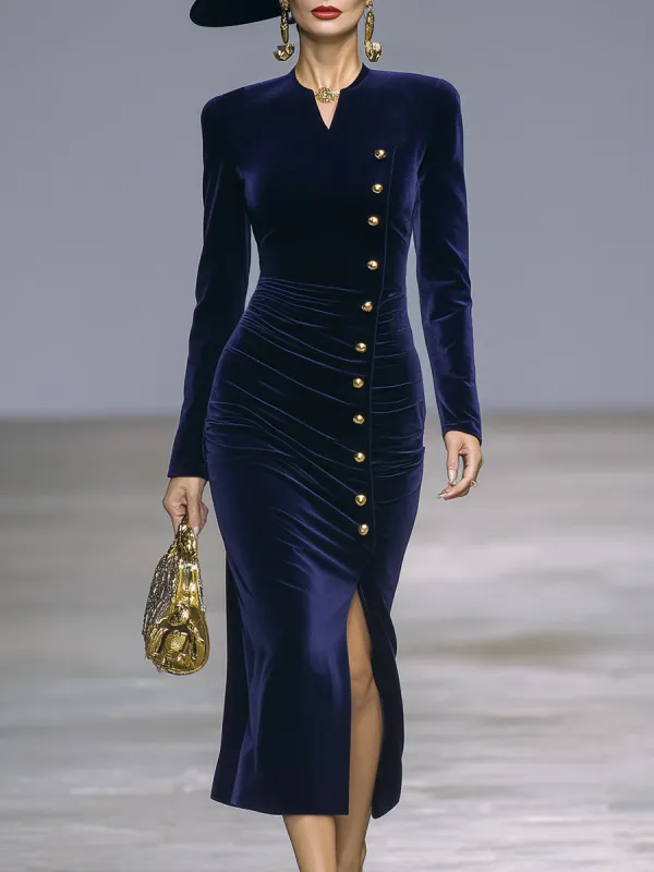 Elegant Blue Velvet Round Neck Button-down Midi Dress sold by Oyrosy