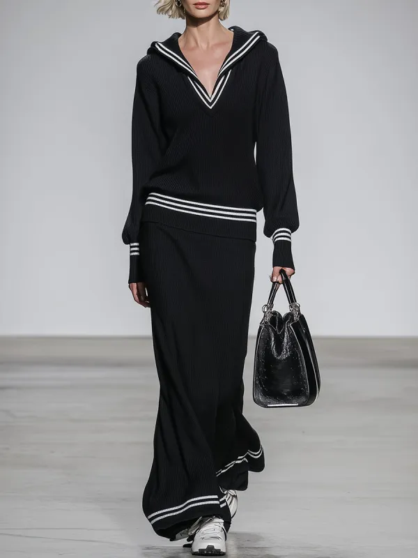 Stylish Black Knit Sweatshirt And Long Skirt With White Webbing Set sold by Oyrosy