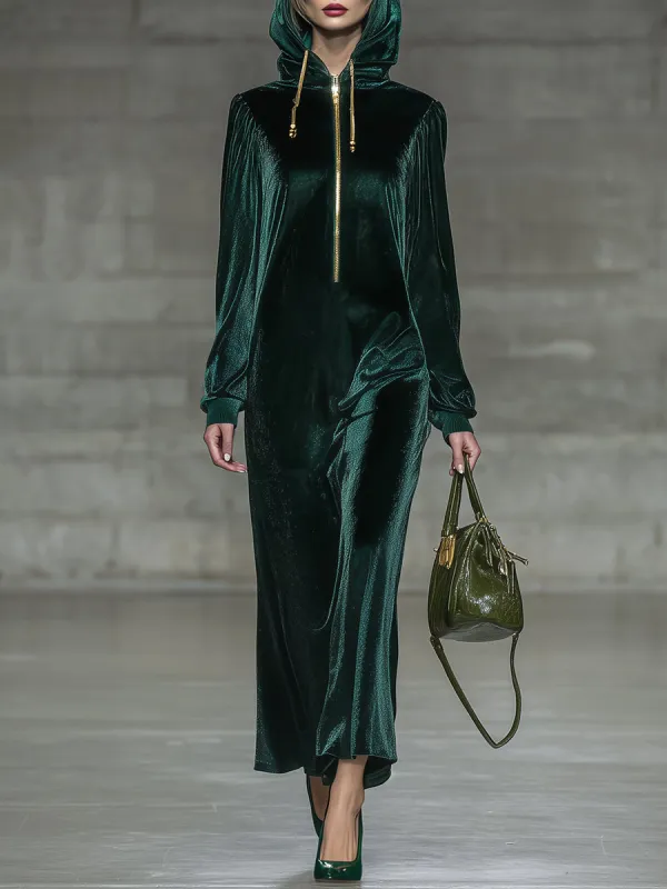 Fashionable Green Velvet Hooded Zip-up Maxi Dress sold by Oyrosy