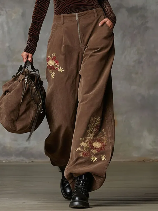 Retro Floral Embroidered Zipper Faux Suede Wide-leg Pants sold by Oyrosy