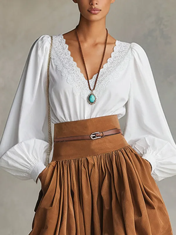 V-neck Lace-trimmed Bubble Cotton Long-sleeved Shirt sold by Oyrosy