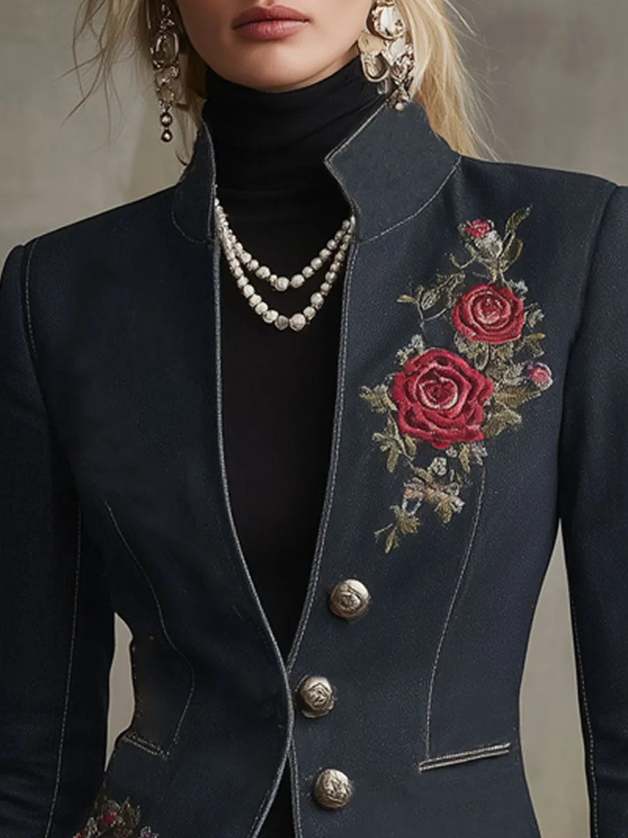 Retro-style Stand-up Collar Double Pocket Floral Embroidered Denim Blazer sold by Oyrosy product image thumbnail 2