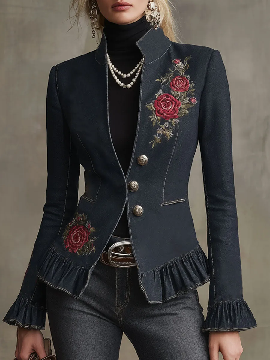 Retro-style Stand-up Collar Double Pocket Floral Embroidered Denim Blazer sold by Oyrosy