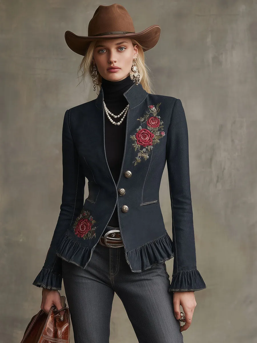Retro-style Stand-up Collar Double Pocket Floral Embroidered Denim Blazer sold by Oyrosy product image thumbnail 4