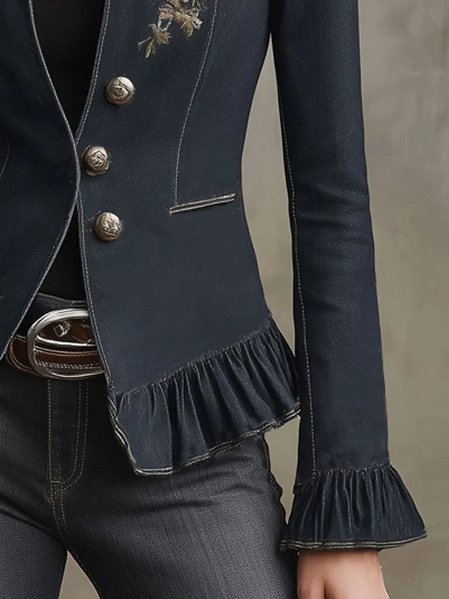 Retro-style Stand-up Collar Double Pocket Floral Embroidered Denim Blazer sold by Oyrosy product image thumbnail 3