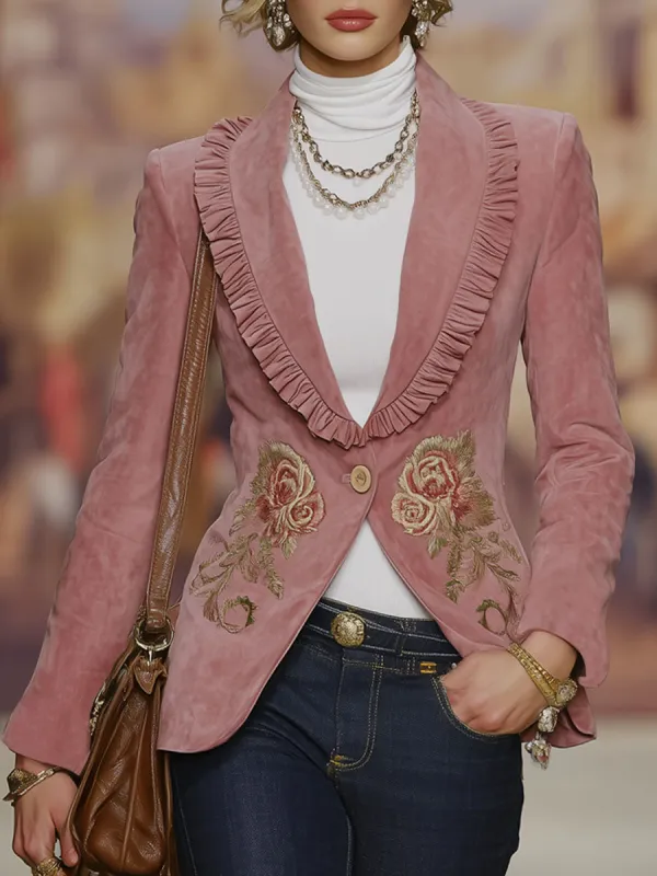 Retro-style Lapel Ruffled Floral Embroidery Faux Suede Blazer sold by Oyrosy