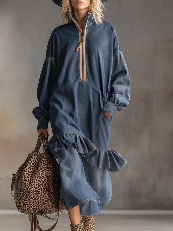 Retro Stand-up Collar Pocket Ruffle Washed Denim Midi Dress sold by Oyrosy