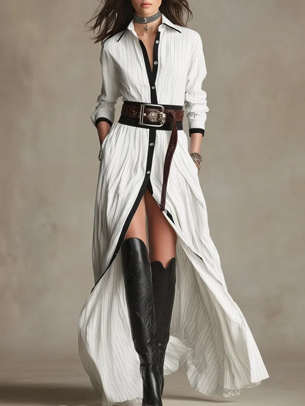 Retro-chic Color-blocked Trimmed White Striped Front Button Maxi Dress sold by Oyrosy