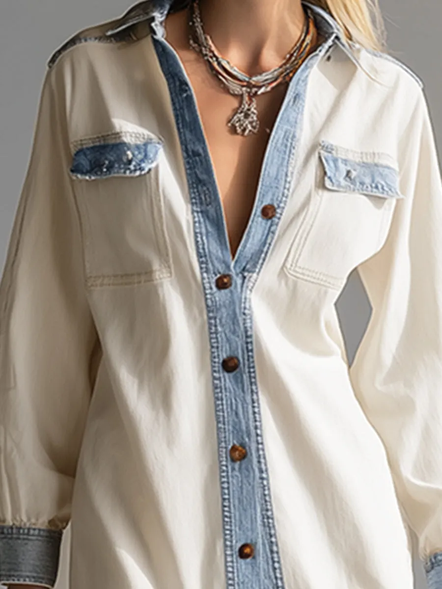 Chic Silhouette Off-white Denim Color-blocked Blue Trim Maxi Dress sold by Oyrosy product image thumbnail 3