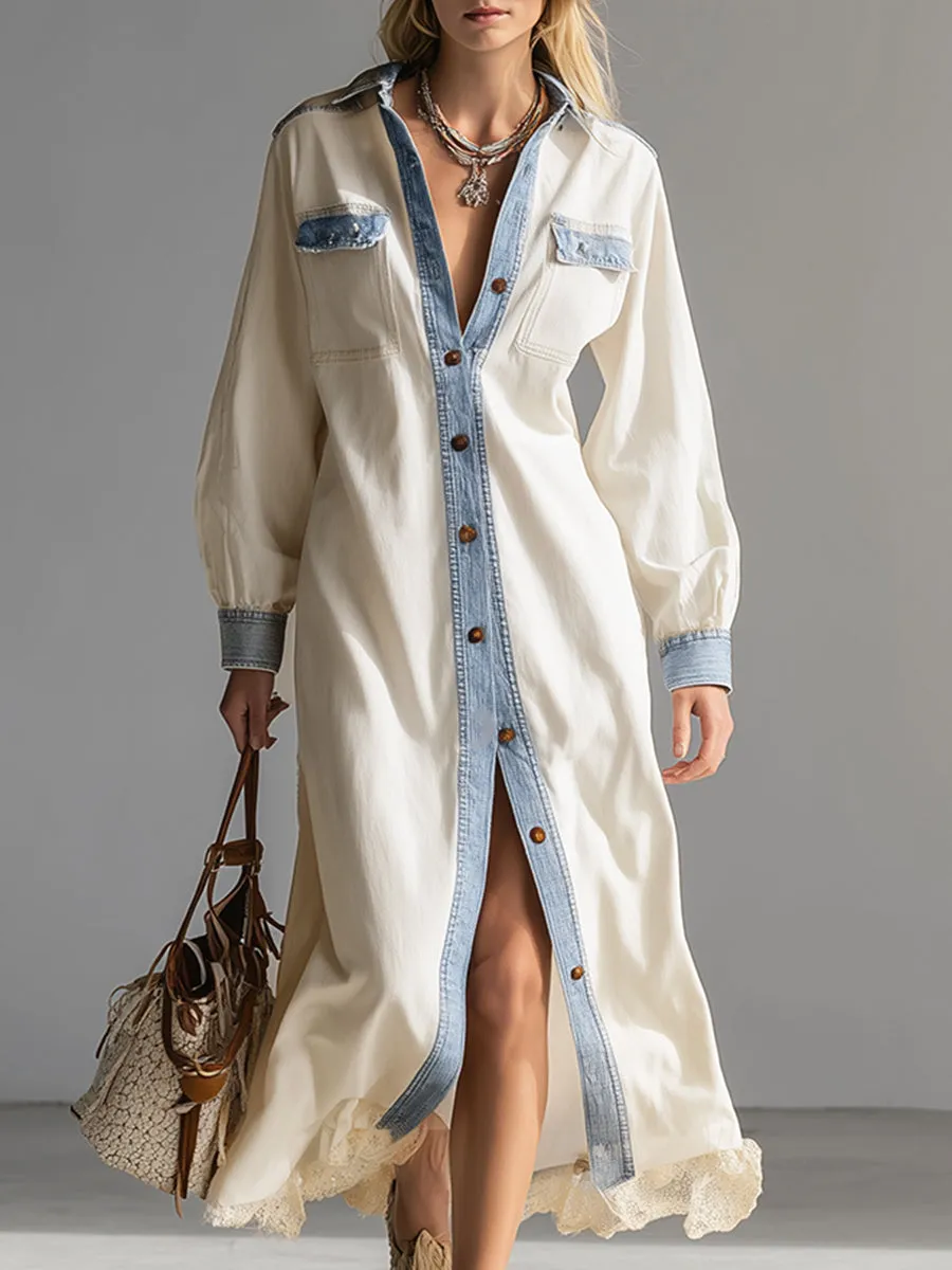 Chic Silhouette Off-white Denim Color-blocked Blue Trim Maxi Dress sold by Oyrosy