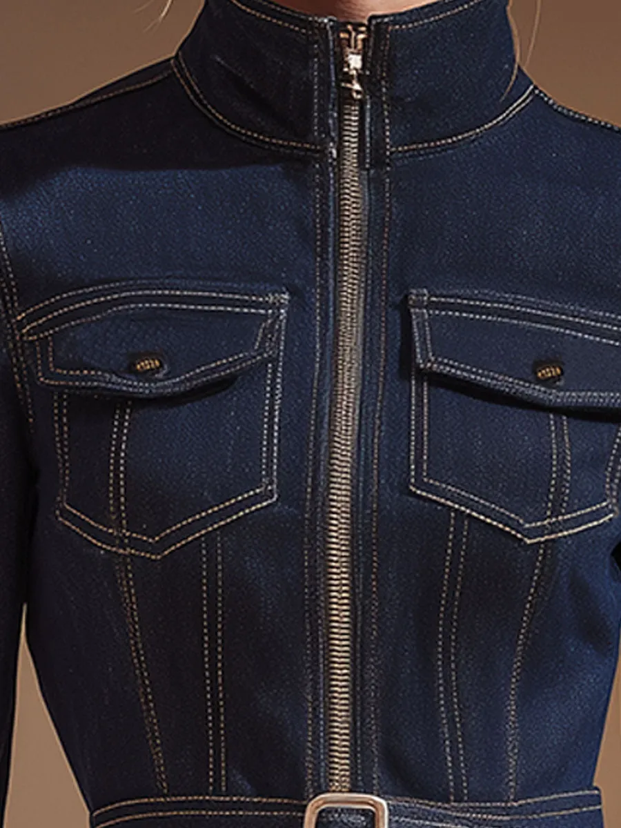 Stylish Retro Zip-up Blue Denim Jacket sold by Oyrosy product image thumbnail 3