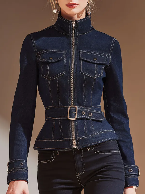 Stylish Retro Zip-up Blue Denim Jacket sold by Oyrosy