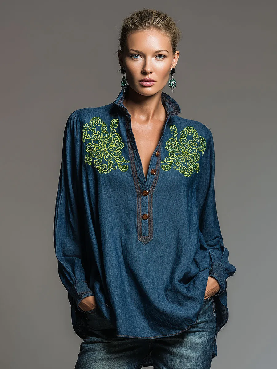 Western Retro Embroidered Blue Denim Shirt sold by Oyrosy product image thumbnail 3