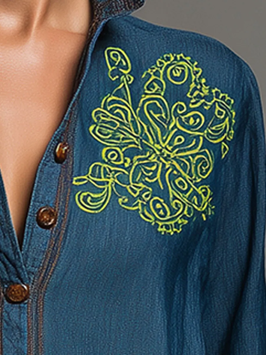 Western Retro Embroidered Blue Denim Shirt sold by Oyrosy product image thumbnail 2