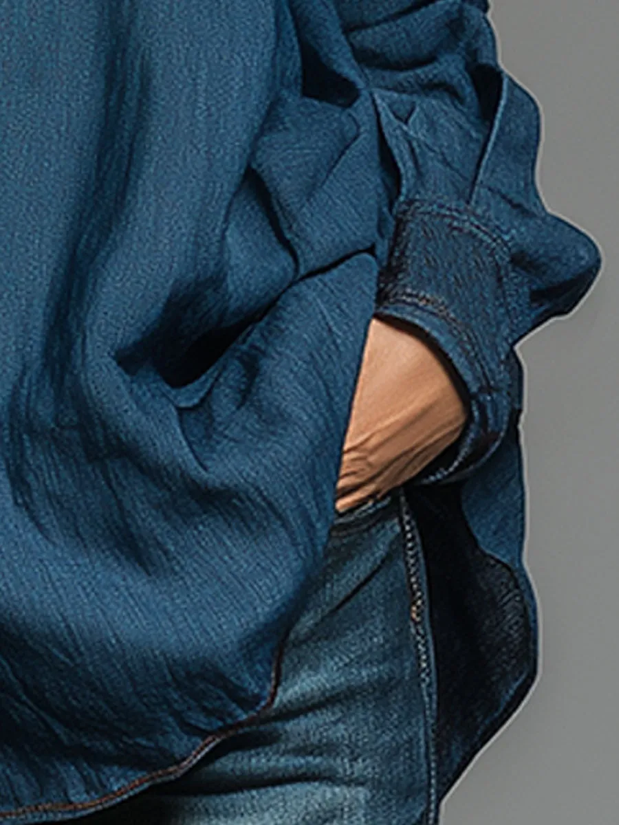 Western Retro Embroidered Blue Denim Shirt sold by Oyrosy product image thumbnail 4