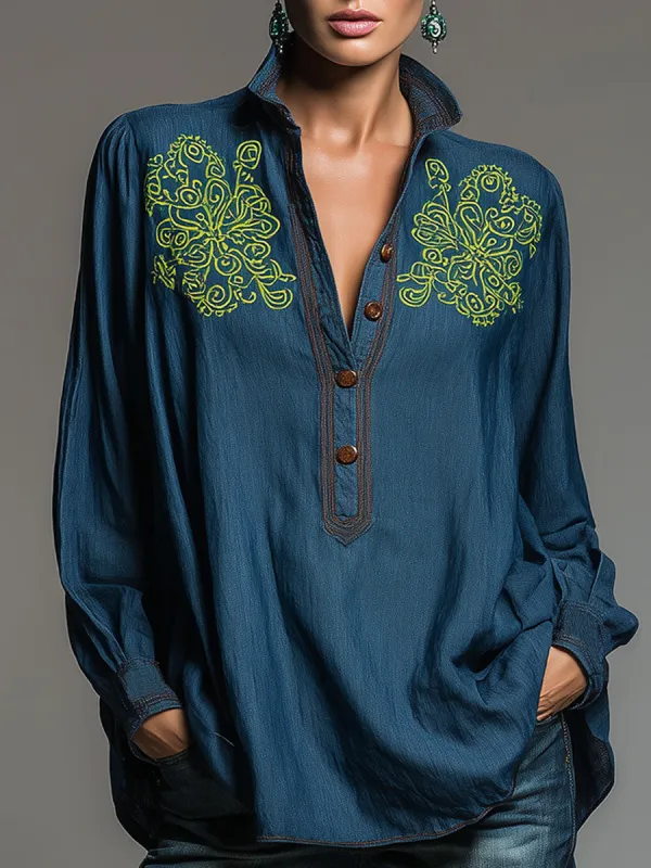 Western Retro Embroidered Blue Denim Shirt sold by Oyrosy