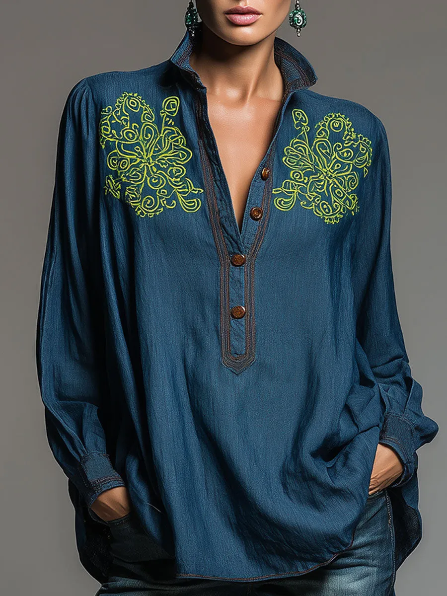 Western Retro Embroidered Blue Denim Shirt sold by Oyrosy
