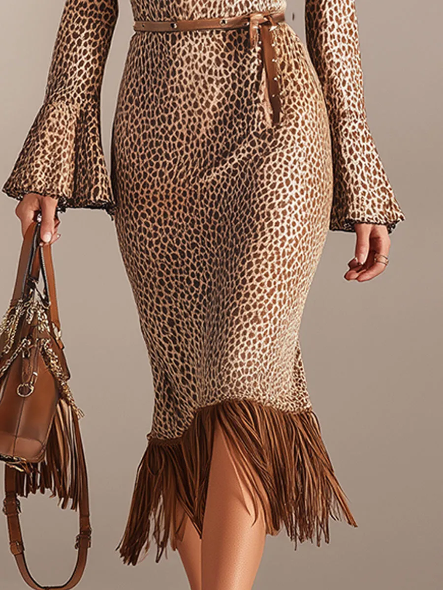 Western-style Vintage Fringed Brown Leopard Print Faux Suede Midi Dress sold by Oyrosy product image thumbnail 4