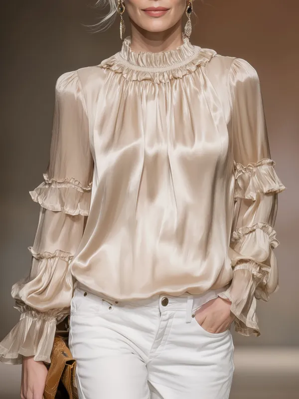 Elegant And Loose-fitting Champagne Gold Ruffled Satin Shirt sold by Oyrosy