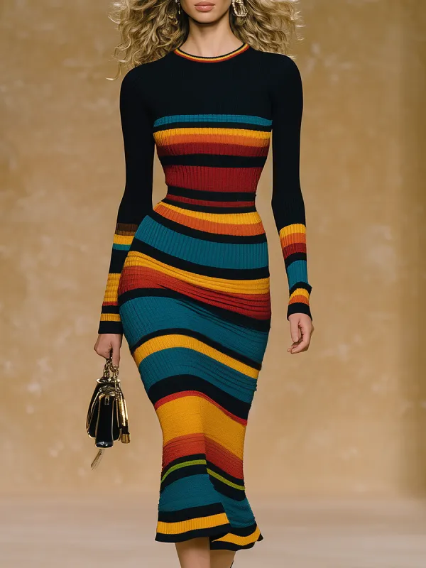 Retro Slim-fit Colorful Striped Round Neck Midi Dress sold by Oyrosy