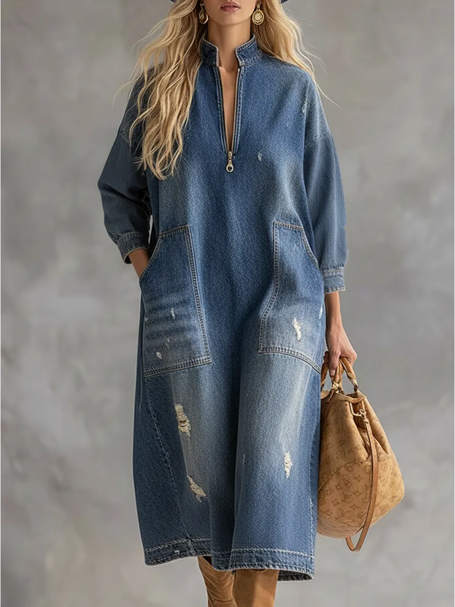Loose-fitting Western-style Stand-up Collar Front Zip Denim Midi Dress sold by Oyrosy