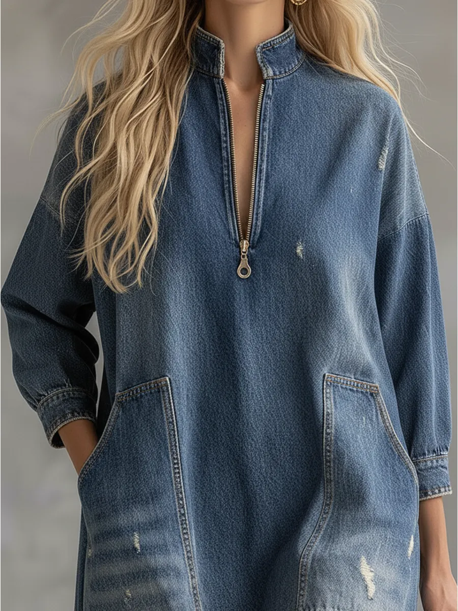 Loose-fitting Western-style Stand-up Collar Front Zip Denim Midi Dress sold by Oyrosy product image thumbnail 3