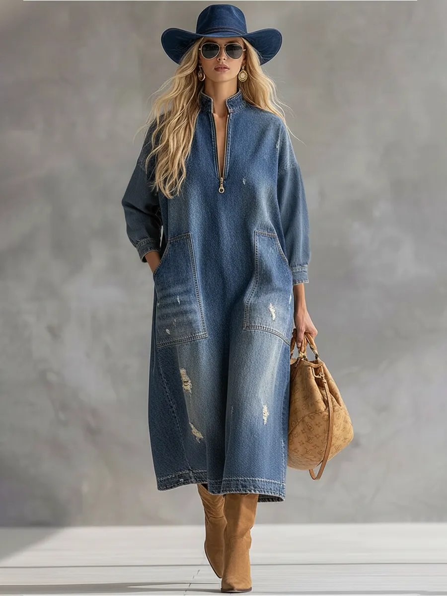 Loose-fitting Western-style Stand-up Collar Front Zip Denim Midi Dress sold by Oyrosy product image thumbnail 2