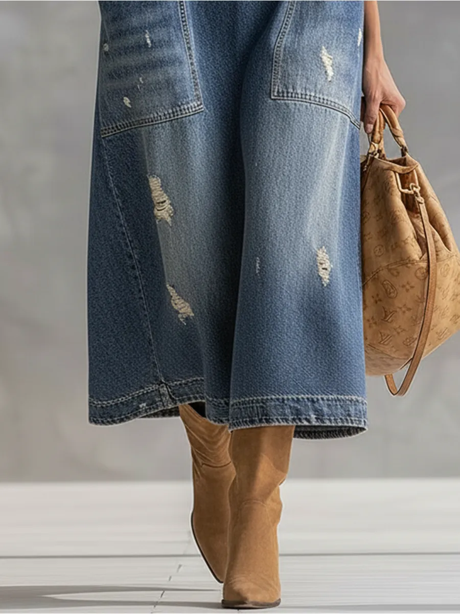 Loose-fitting Western-style Stand-up Collar Front Zip Denim Midi Dress sold by Oyrosy product image thumbnail 4