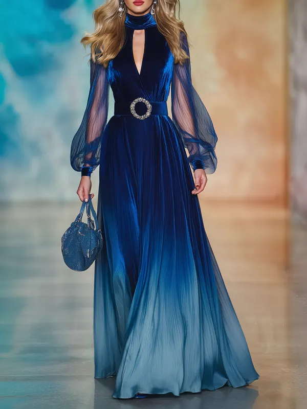 Elegant And Romantic Openwork Collar Sheer Sleeves Gradient Chiffon Maxi Dress sold by Oyrosy