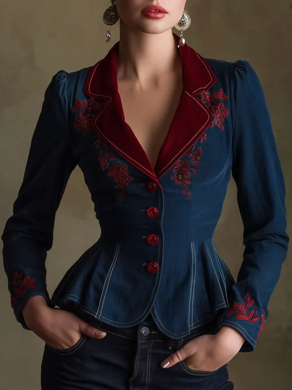 Retro Velvet Lapel Embroidered Dark Blue Denim Fitted Ruffled Blazer sold by Oyrosy