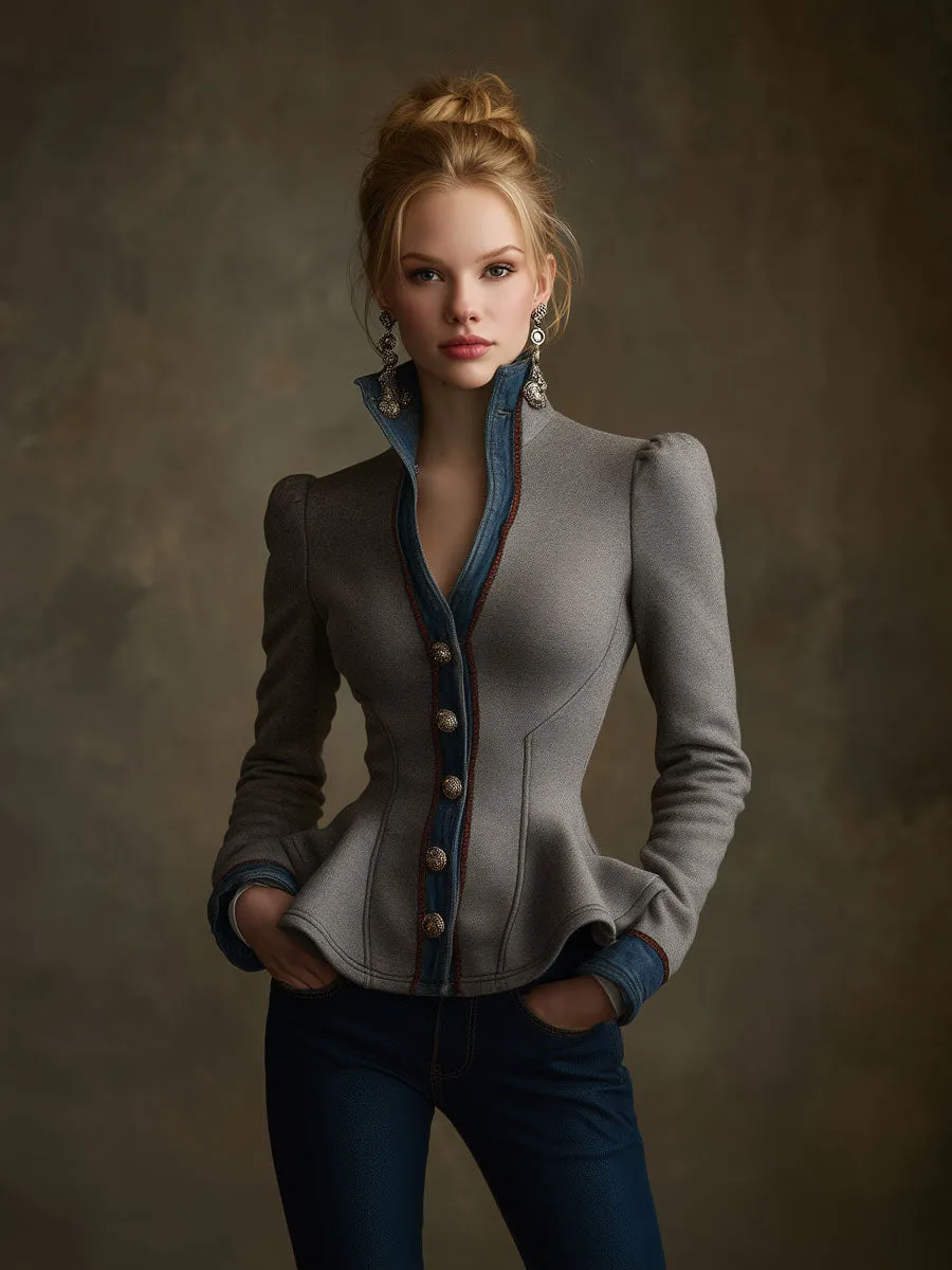 Fashionable Retro Gray Cotton Blend Ruffled Denim Jacket sold by Oyrosy product image thumbnail 2