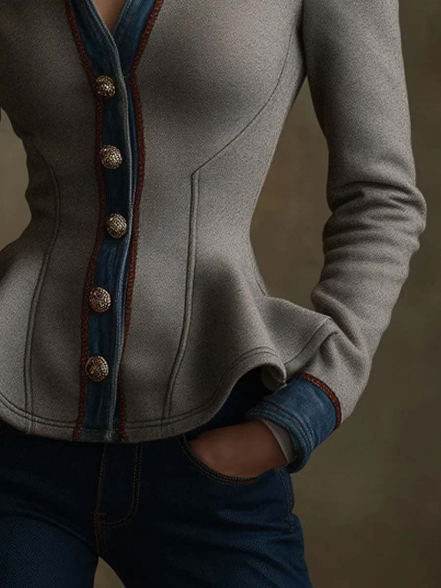 Fashionable Retro Gray Cotton Blend Ruffled Denim Jacket sold by Oyrosy product image thumbnail 3