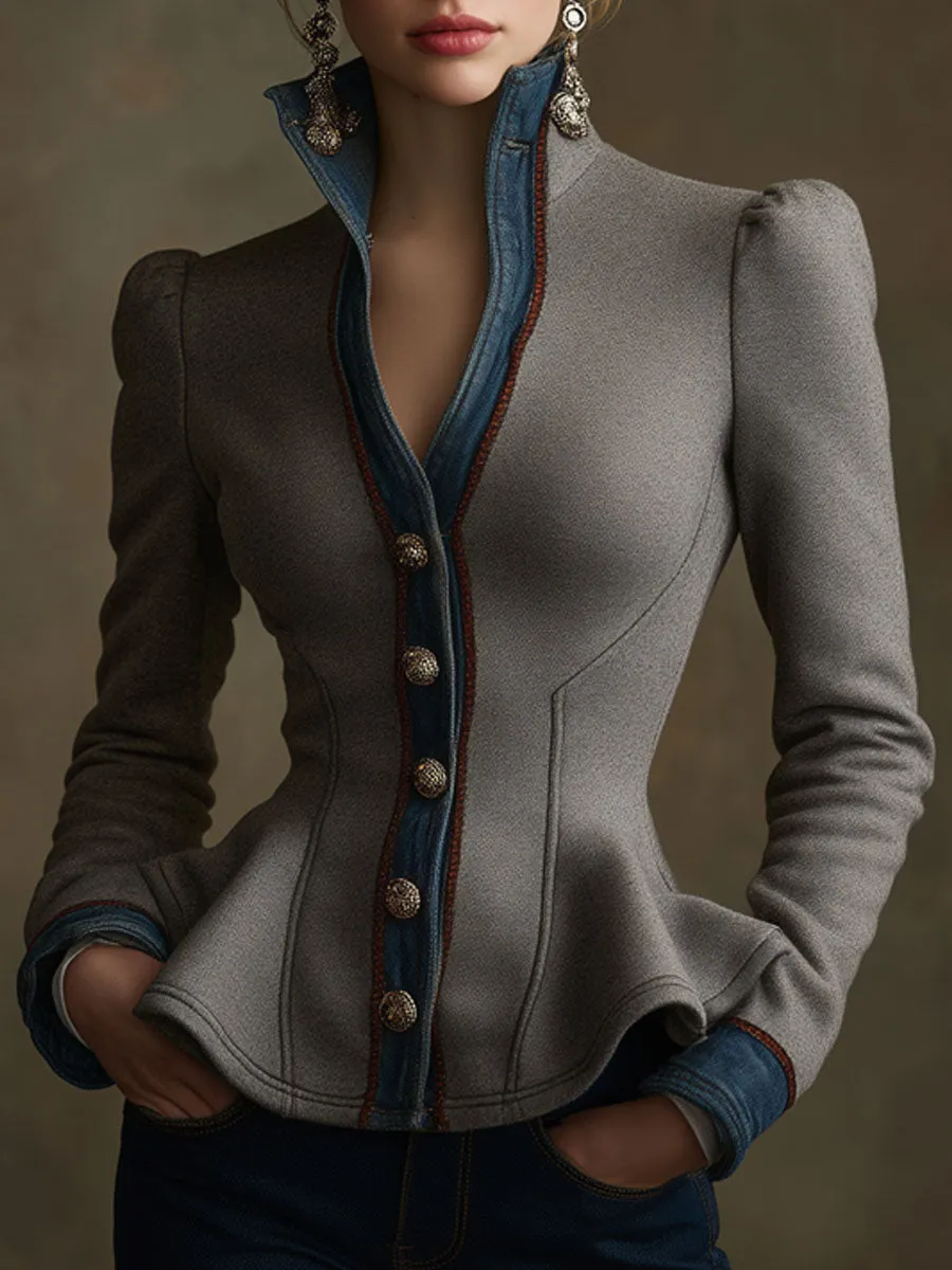 Fashionable Retro Gray Cotton Blend Ruffled Denim Jacket sold by Oyrosy