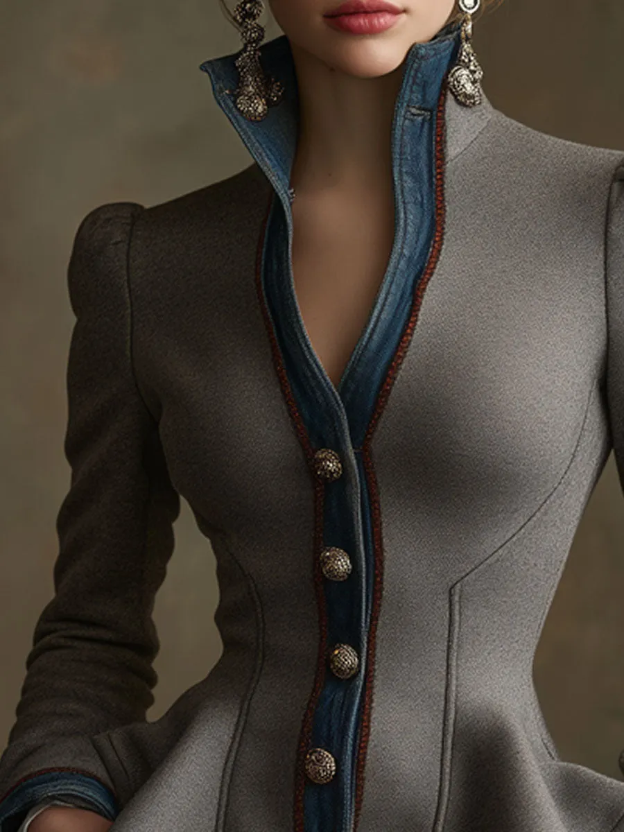 Fashionable Retro Gray Cotton Blend Ruffled Denim Jacket sold by Oyrosy product image thumbnail 4