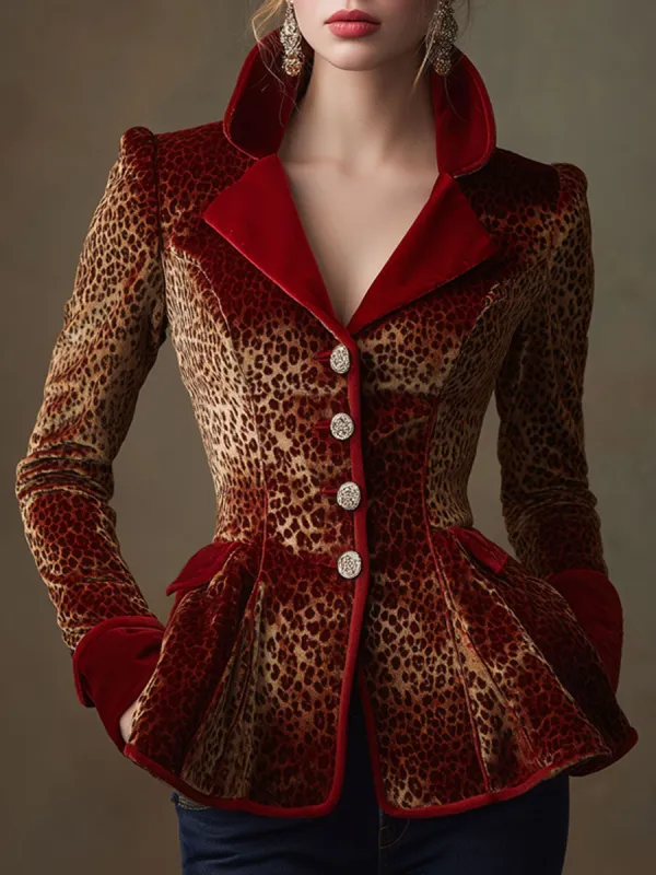 Stylish Retro Red Velvet Trim Leopard Print Ruffled Waist-cinching Blazer sold by Oyrosy