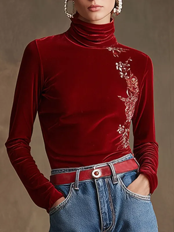 Casual Retro Floral Embroidered High-Neck Red Velvet Long-Sleeve T-Shirt sold by Oyrosy