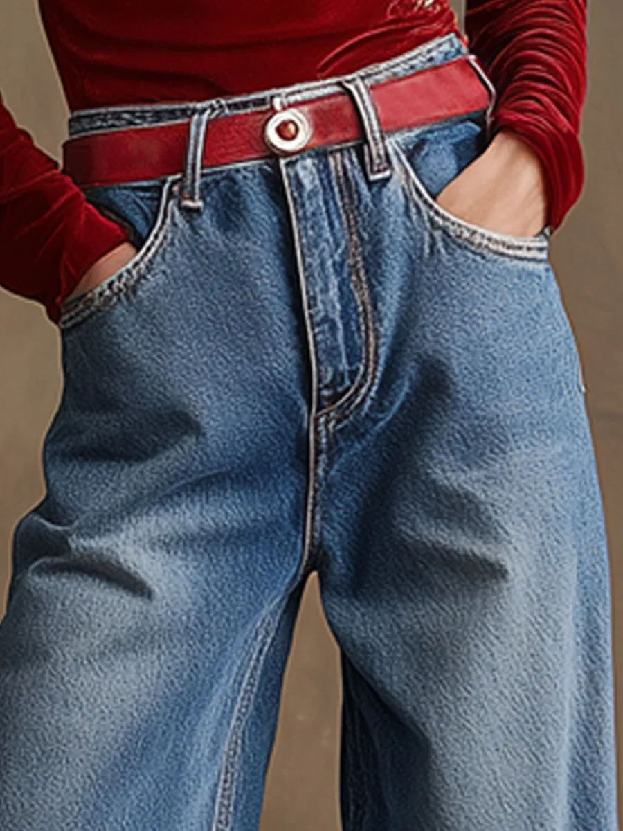 Casual Retro Floral Embroidered Wide-leg Blue Jeans sold by Oyrosy product image thumbnail 4