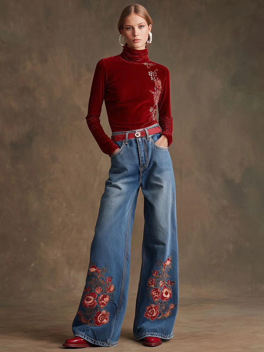 Casual Retro Floral Embroidered Wide-leg Blue Jeans sold by Oyrosy product image thumbnail 2