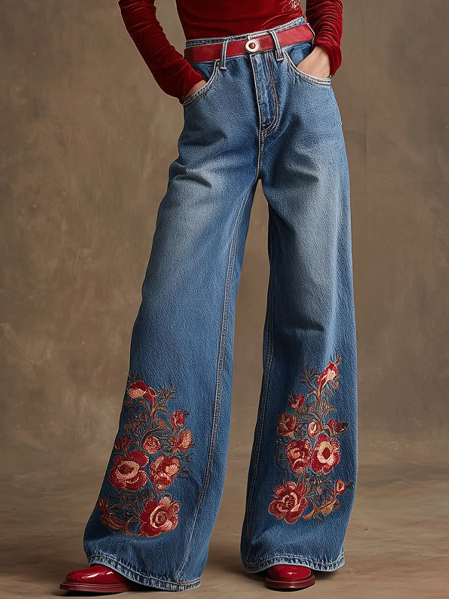 Casual Retro Floral Embroidered Wide-leg Blue Jeans sold by Oyrosy
