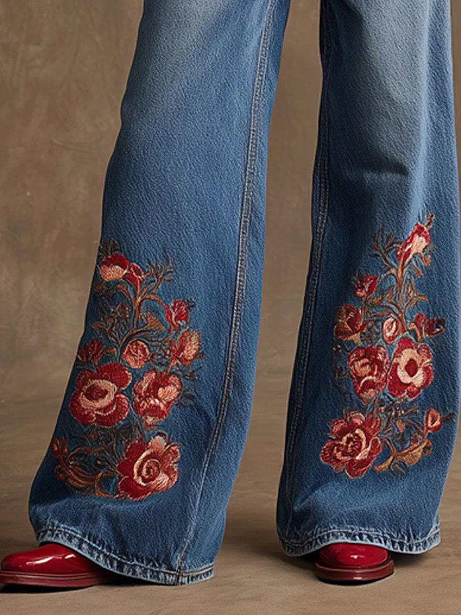 Casual Retro Floral Embroidered Wide-leg Blue Jeans sold by Oyrosy product image thumbnail 3