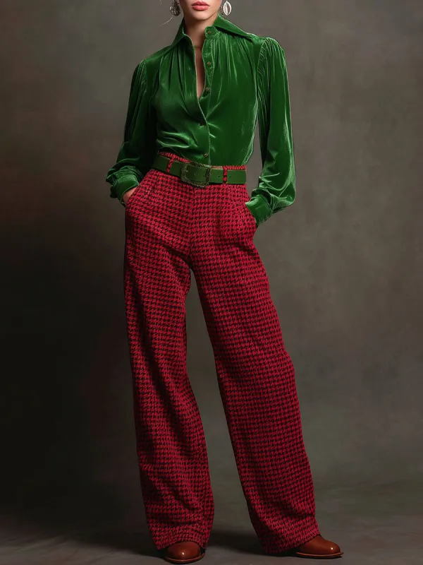 Retro Green Velvet Pleated Long-sleeved Shirt And Houndstooth Wide-leg Pants Set sold by Oyrosy