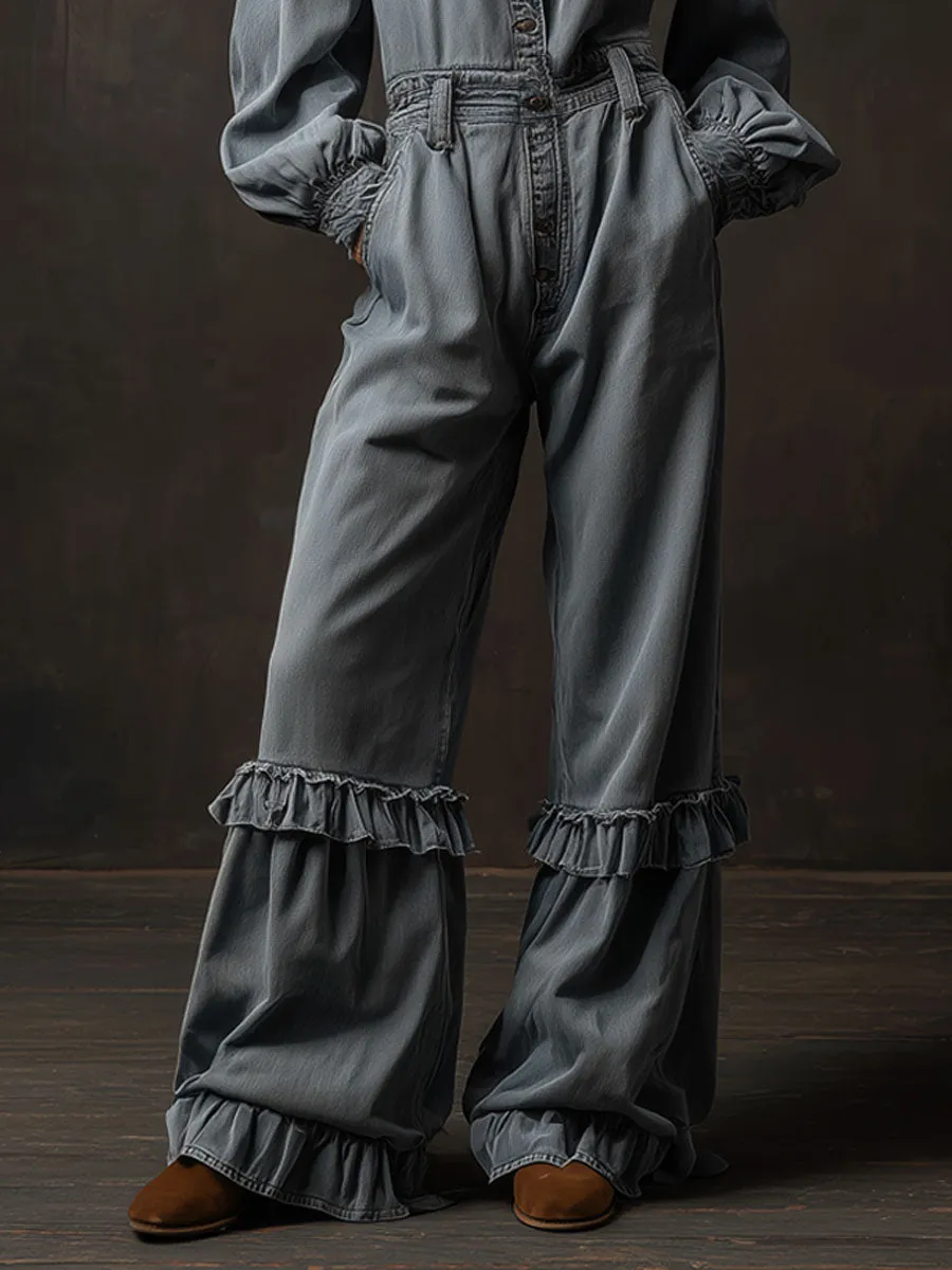Casual Retro Gray-blue Denim Long-sleeved Ruffled Wide-leg Jumpsuit sold by Oyrosy product image thumbnail 4