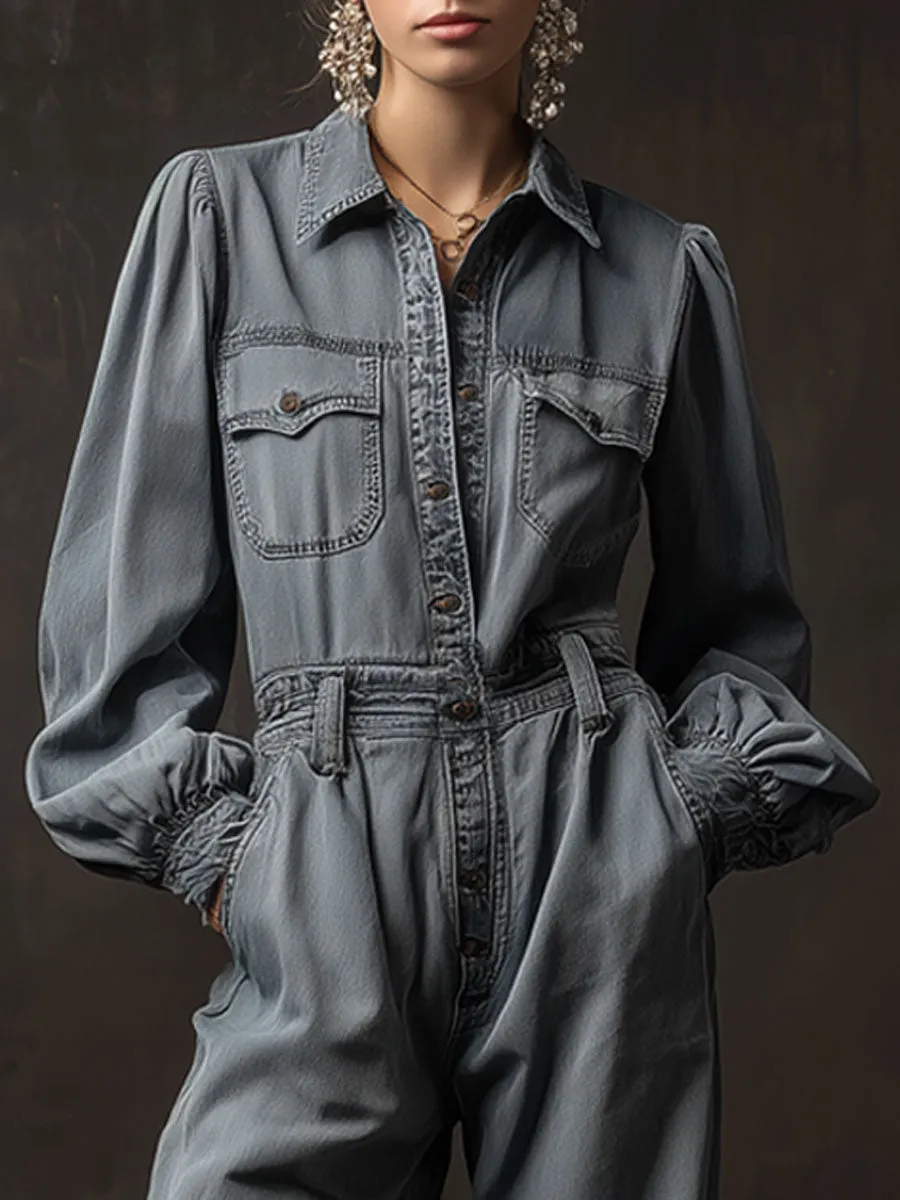 Casual Retro Gray-blue Denim Long-sleeved Ruffled Wide-leg Jumpsuit sold by Oyrosy product image thumbnail 3