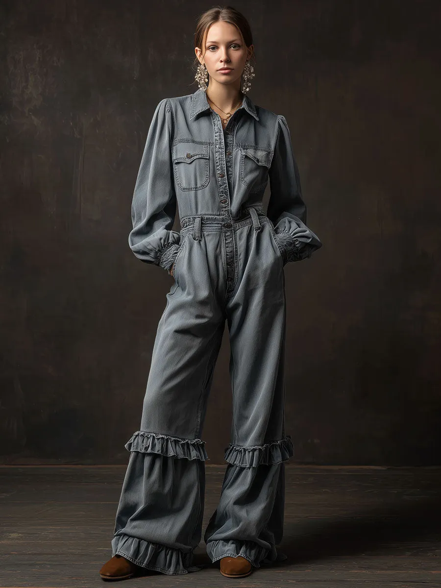 Casual Retro Gray-blue Denim Long-sleeved Ruffled Wide-leg Jumpsuit sold by Oyrosy product image thumbnail 2
