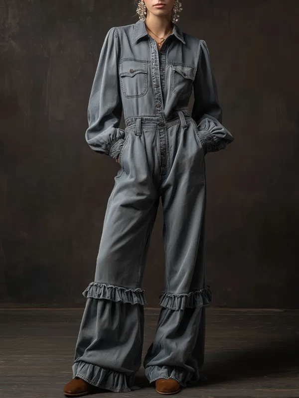 Casual Retro Gray-blue Denim Long-sleeved Ruffled Wide-leg Jumpsuit sold by Oyrosy