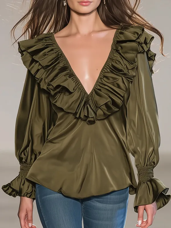 Casual And Stylish Ruffle Trim Olive Green V-neck Satin Shirt sold by Oyrosy
